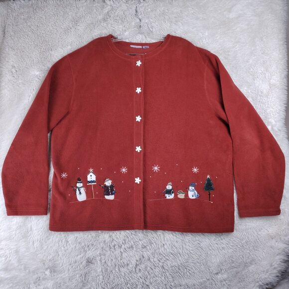 W 2X Brick Red Fleece Christmas Cardigan Embroidered Snowmen Snowflake Buttons - Picture 1 of 8